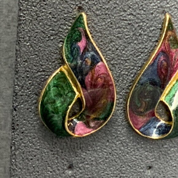 Swirled Teardrop Pierced Earrings 1.25 In Blue Green Purple Enamel Gold Retro - Picture 2 of 6